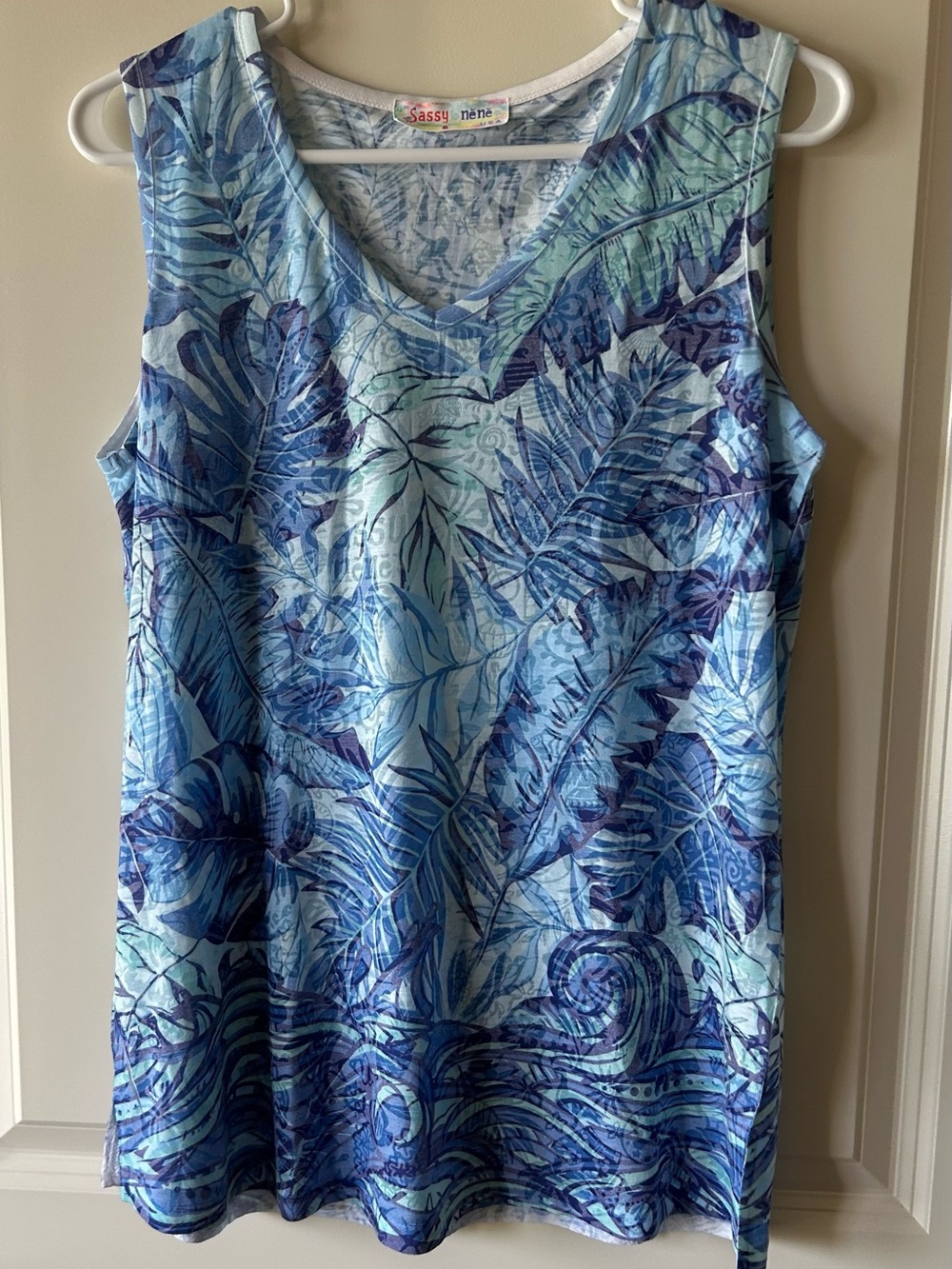 Sassy Nene Blue Tropical V-Neck Tank Top
